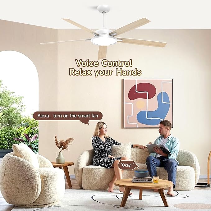 Ceiling Fans with Lights,62 Inch Smart Ceiling Fan,Remote and App Control,Dimmable,Reversible,Noiseless, Compatible with