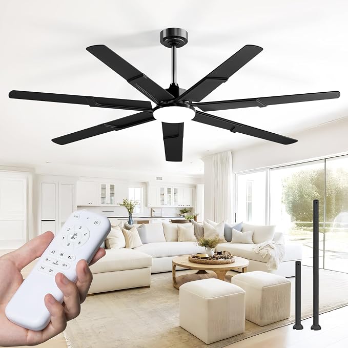 Ceiling Fans with Lights,66 inch Black Ceiling fan with Light and Remote, 6 Speed Reversible DC Motor, 3CCT, Dimmable, Quiet