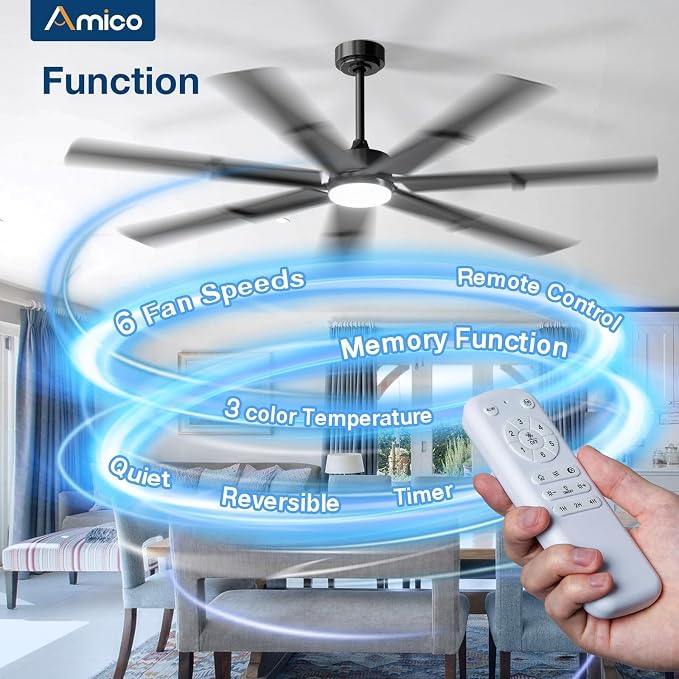 Ceiling Fans with Lights,66 inch Black Ceiling fan with Light and Remote, 6 Speed Reversible DC Motor, 3CCT, Dimmable, Quiet