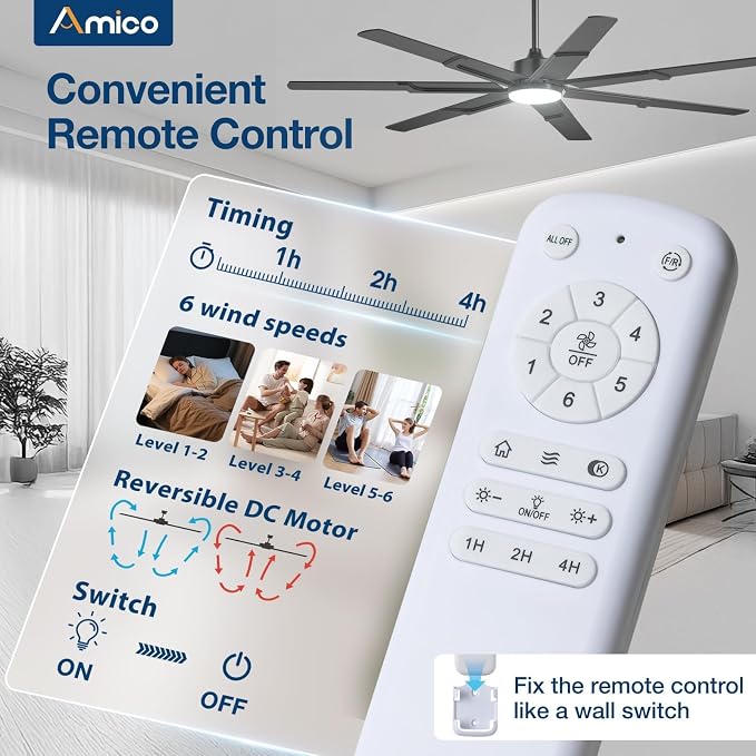 Ceiling Fans with Lights,66 inch Black Ceiling fan with Light and Remote, 6 Speed Reversible DC Motor, 3CCT, Dimmable, Quiet