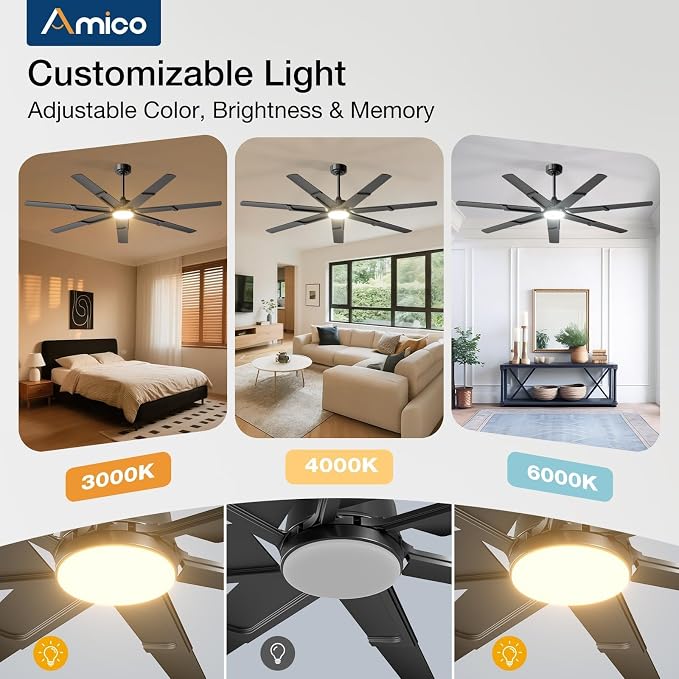 Ceiling Fans with Lights,66 inch Black Ceiling fan with Light and Remote, 6 Speed Reversible DC Motor, 3CCT, Dimmable, Quiet