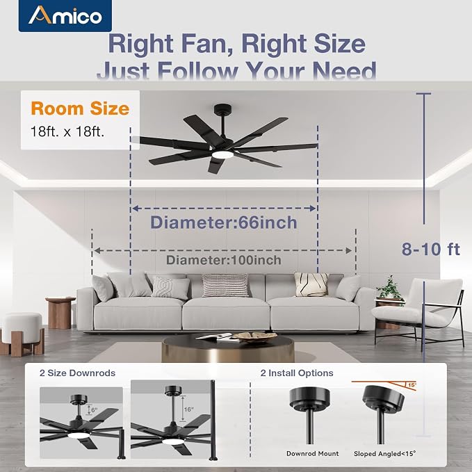 Ceiling Fans with Lights,66 inch Black Ceiling fan with Light and Remote, 6 Speed Reversible DC Motor, 3CCT, Dimmable, Quiet