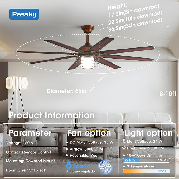 Ceiling Fans with Lights, 66 inch Bronze Ceiling fan with Light and Remote Control, Reversible, Dimmable, 3CCT, Quiet, Caged