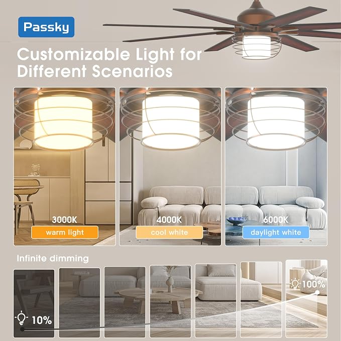 Ceiling Fans with Lights, 66 inch Bronze Ceiling fan with Light and Remote Control, Reversible, Dimmable, 3CCT, Quiet, Caged