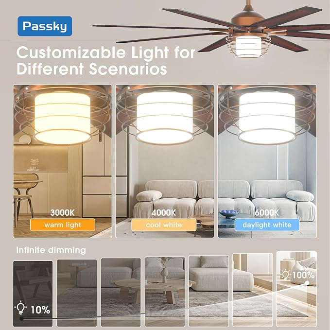 Ceiling Fans with Lights, 72 inch Bronze Ceiling fan with Light and Remote Control, Reversible, Dimmable, 3CCT, Quiet, Caged