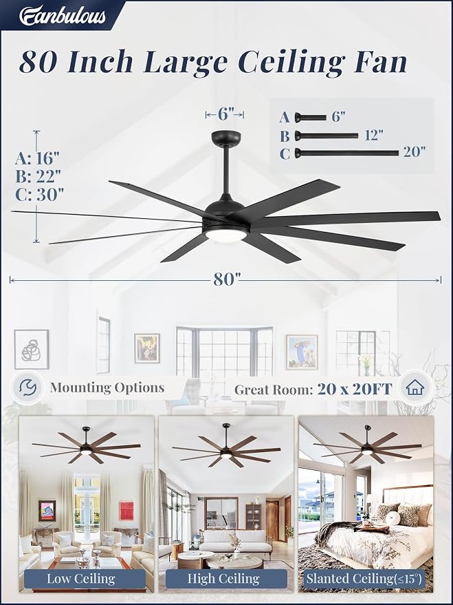 Ceiling Fans with Lights, 80 inch Large Ceiling Fan with Light and Remote, Outdoor Black Ceiling Fan for Living Room Patio, 6