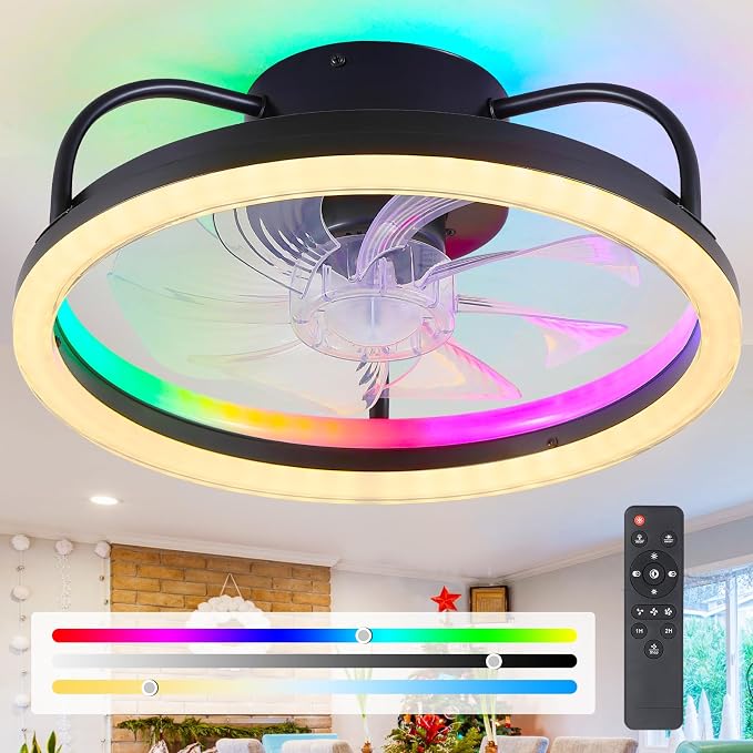 Ceiling Fans with Lights and Remote, 16" Low Profile Ceiling Fan 3000-6000K Dimmable RGB Modern Flush Mount LED Fan Light, 6