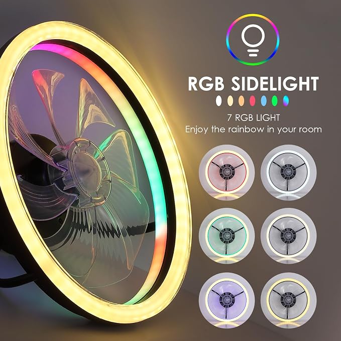 Ceiling Fans with Lights and Remote, 16" Low Profile Ceiling Fan 3000-6000K Dimmable RGB Modern Flush Mount LED Fan Light, 6