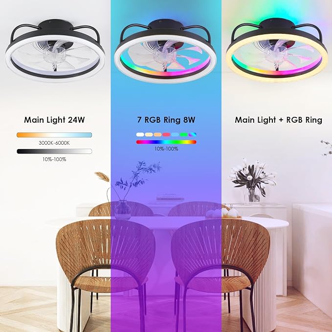 Ceiling Fans with Lights and Remote, 16" Low Profile Ceiling Fan 3000-6000K Dimmable RGB Modern Flush Mount LED Fan Light, 6