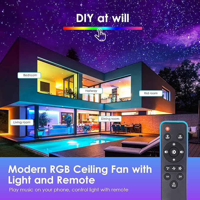 Ceiling Fans with Lights and Remote, 16" Low Profile Ceiling Fan 3000-6000K Dimmable RGB Modern Flush Mount LED Fan Light, 6