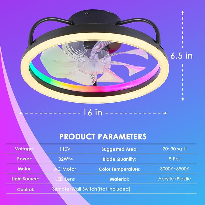Ceiling Fans with Lights and Remote, 16" Low Profile Ceiling Fan 3000-6000K Dimmable RGB Modern Flush Mount LED Fan Light, 6