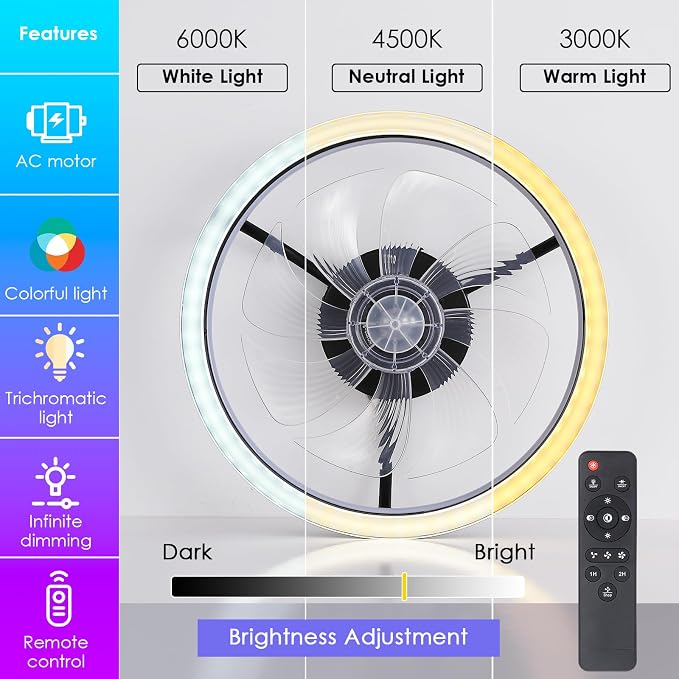 Ceiling Fans with Lights and Remote, 16" Low Profile Ceiling Fan 3000-6000K Dimmable RGB Modern Flush Mount LED Fan Light, 6