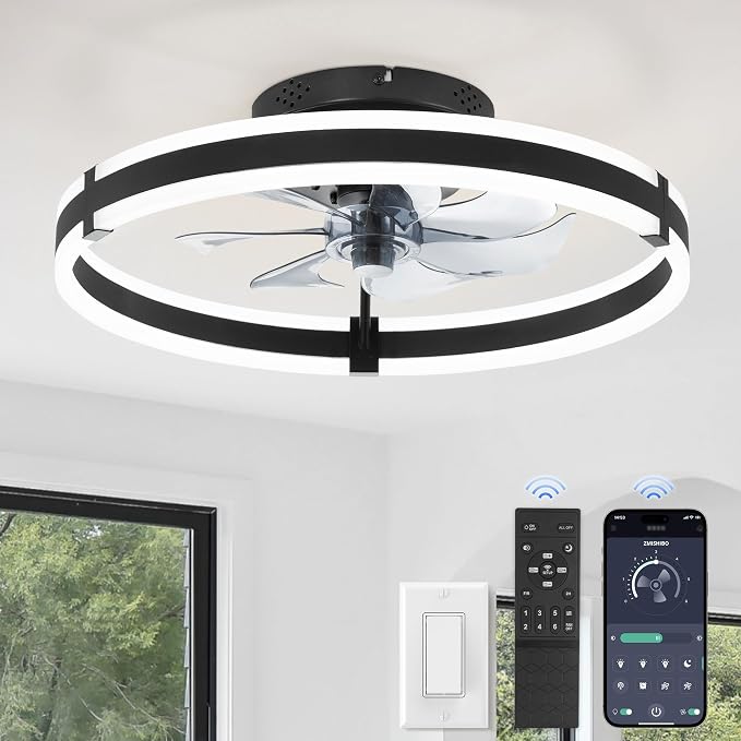 Ceiling Fans with Lights and Remote, 19.7'' Low Profile Ceiling Fan, 3000-6000K Dimmable Modern Flush Mount LED Fan Light, 6