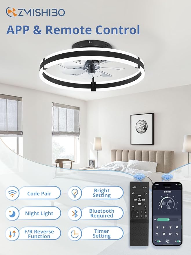 Ceiling Fans with Lights and Remote, 19.7'' Low Profile Ceiling Fan, 3000-6000K Dimmable Modern Flush Mount LED Fan Light, 6
