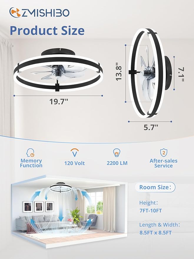 Ceiling Fans with Lights and Remote, 19.7'' Low Profile Ceiling Fan, 3000-6000K Dimmable Modern Flush Mount LED Fan Light, 6