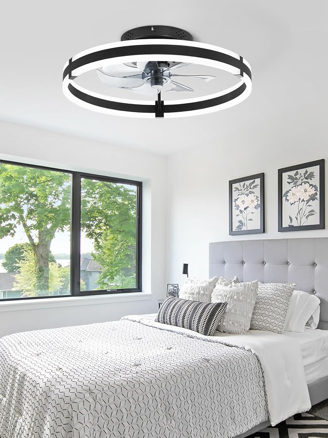 Ceiling Fans with Lights and Remote, 19.7'' Low Profile Ceiling Fan, 3000-6000K Dimmable Modern Flush Mount LED Fan Light, 6