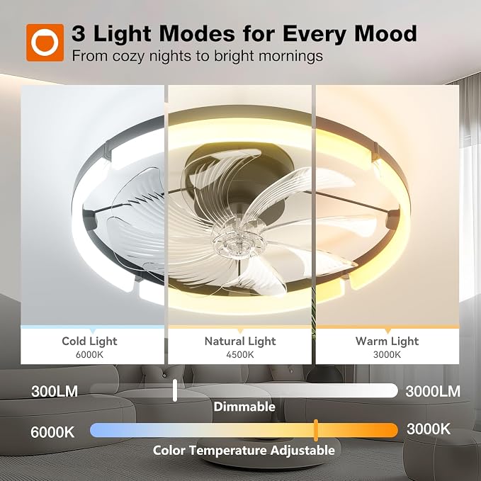Ceiling Fans with Lights and Remote, 20 Inch Low Profile Ceiling Fans, 3000-6000K Dimmable Modern Flush Mount LED Fan Light