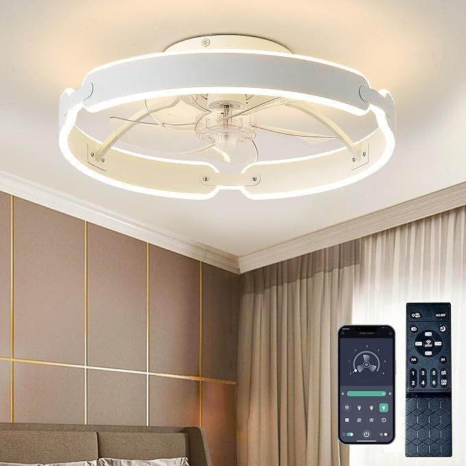 Ceiling Fans with Lights and Remote, 20'' Low Profile Ceiling Fan, 3000-6000K Dimmable Modern Flush Mount LED Fan Light, 6
