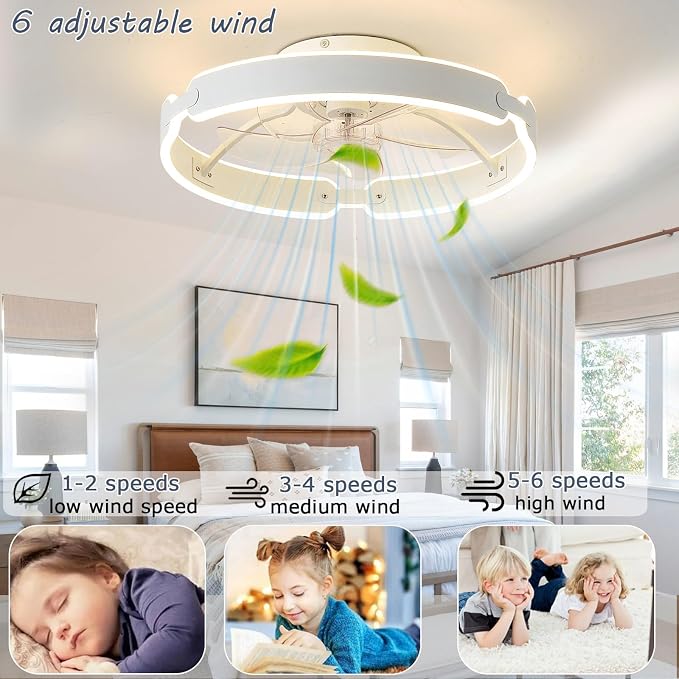 Ceiling Fans with Lights and Remote, 20'' Low Profile Ceiling Fan, 3000-6000K Dimmable Modern Flush Mount LED Fan Light, 6