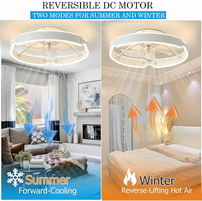 Ceiling Fans with Lights and Remote, 20'' Low Profile Ceiling Fan, 3000-6000K Dimmable Modern Flush Mount LED Fan Light, 6