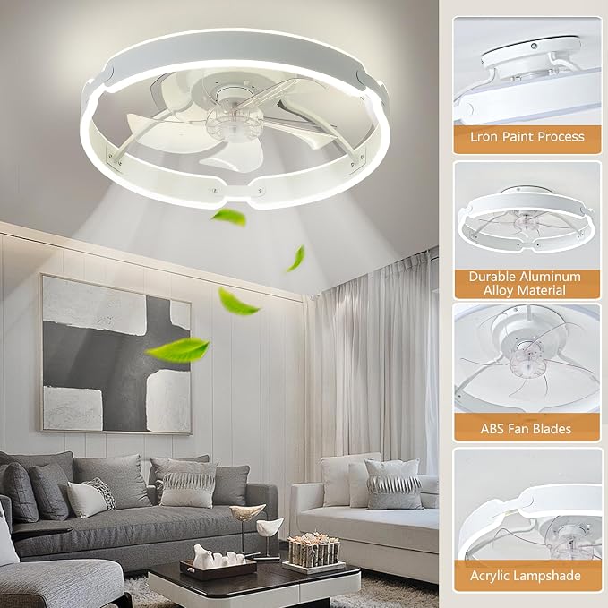 Ceiling Fans with Lights and Remote, 20'' Low Profile Ceiling Fan, 3000-6000K Dimmable Modern Flush Mount LED Fan Light, 6