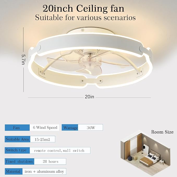 Ceiling Fans with Lights and Remote, 20'' Low Profile Ceiling Fan, 3000-6000K Dimmable Modern Flush Mount LED Fan Light, 6