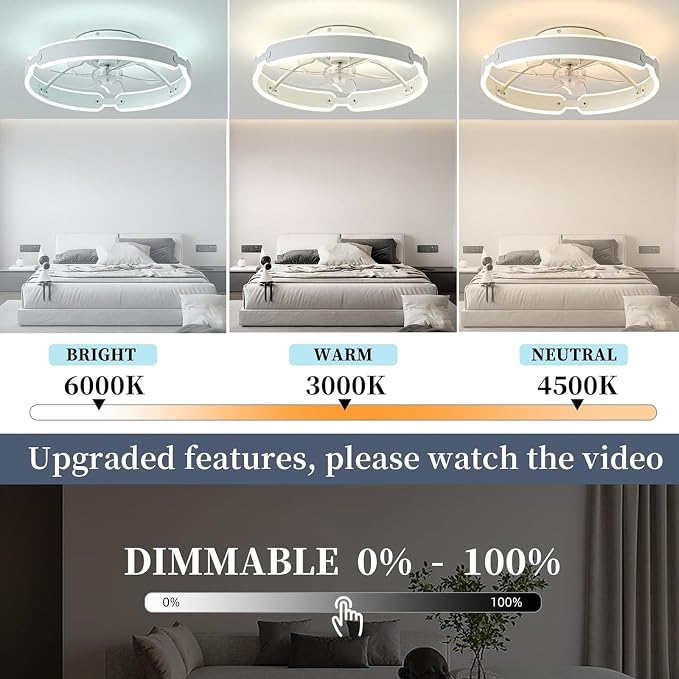 Ceiling Fans with Lights and Remote, 20'' Low Profile Ceiling Fan, 3000-6000K Dimmable Modern Flush Mount LED Fan Light, 6