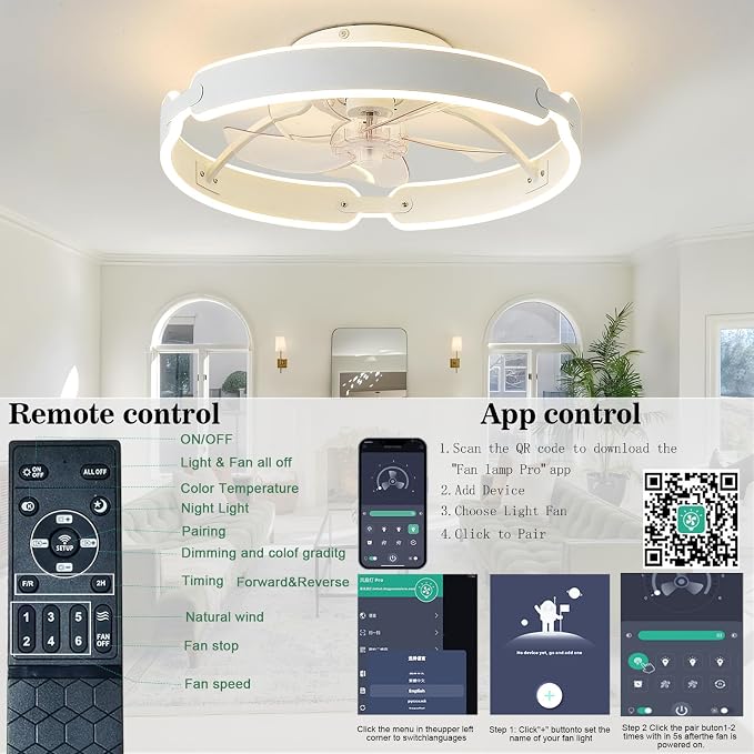 Ceiling Fans with Lights and Remote, 20'' Low Profile Ceiling Fan, 3000-6000K Dimmable Modern Flush Mount LED Fan Light, 6