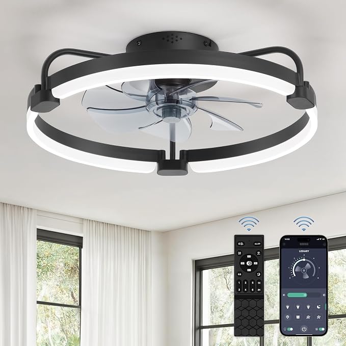Ceiling Fans with Lights and Remote, 20'' Low Profile Ceiling Fan with Light, 3000-6000K Dimmable Fandelier LED