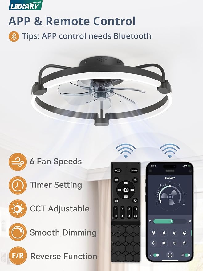 Ceiling Fans with Lights and Remote, 20'' Low Profile Ceiling Fan with Light, 3000-6000K Dimmable Fandelier LED, alternate