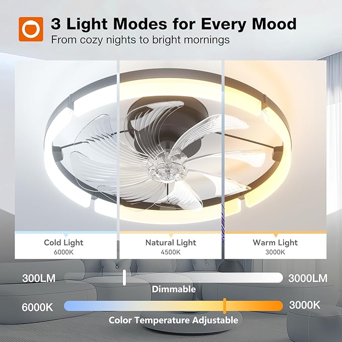 Ceiling Fans with Lights and Remote, 20'' Low Profile Ceiling Fans, 3000-6000K Dimmable Modern Flush Mount LED, alternate