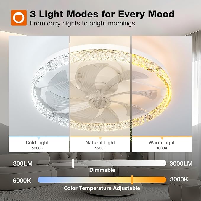 Ceiling Fans with Lights and Remote, 20'' Low Profile Flush Mount Ceiling Fan, 3000–6000K Dimmable LED, alternate view 3