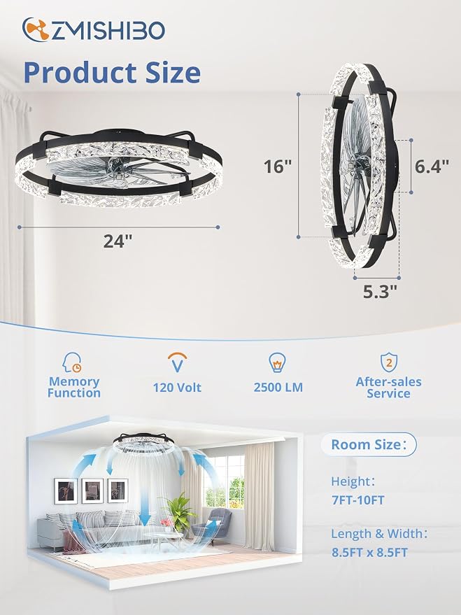 Ceiling Fans with Lights and Remote, 24 Inch Flush Mount Fan Light, 6 Speeds, 3CCT, Dimmable, Low Profile Ceiling Fan, Modern