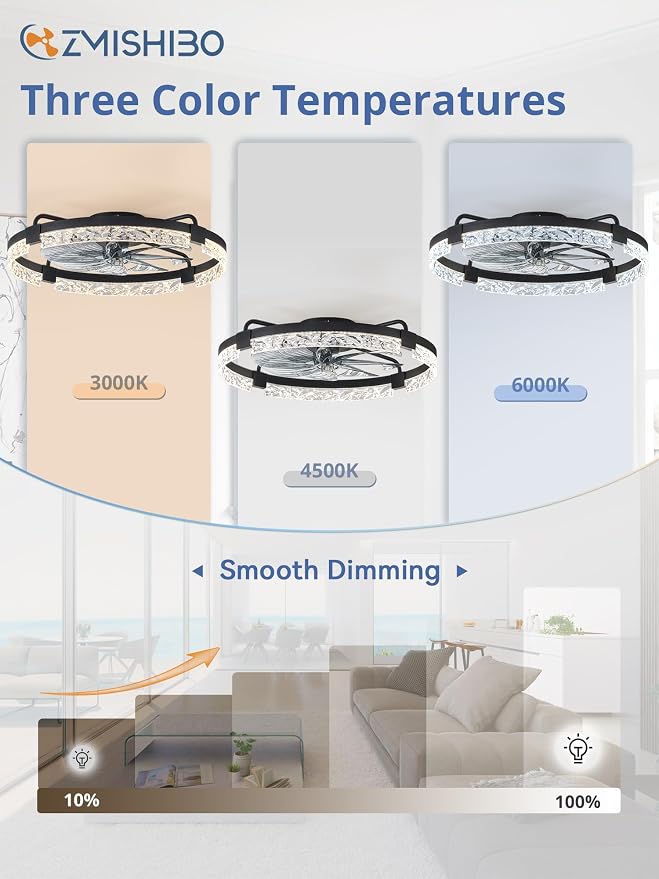 Ceiling Fans with Lights and Remote, 24 Inch Flush Mount Fan Light, 6 Speeds, 3CCT, Dimmable, Low Profile Ceiling Fan, Modern