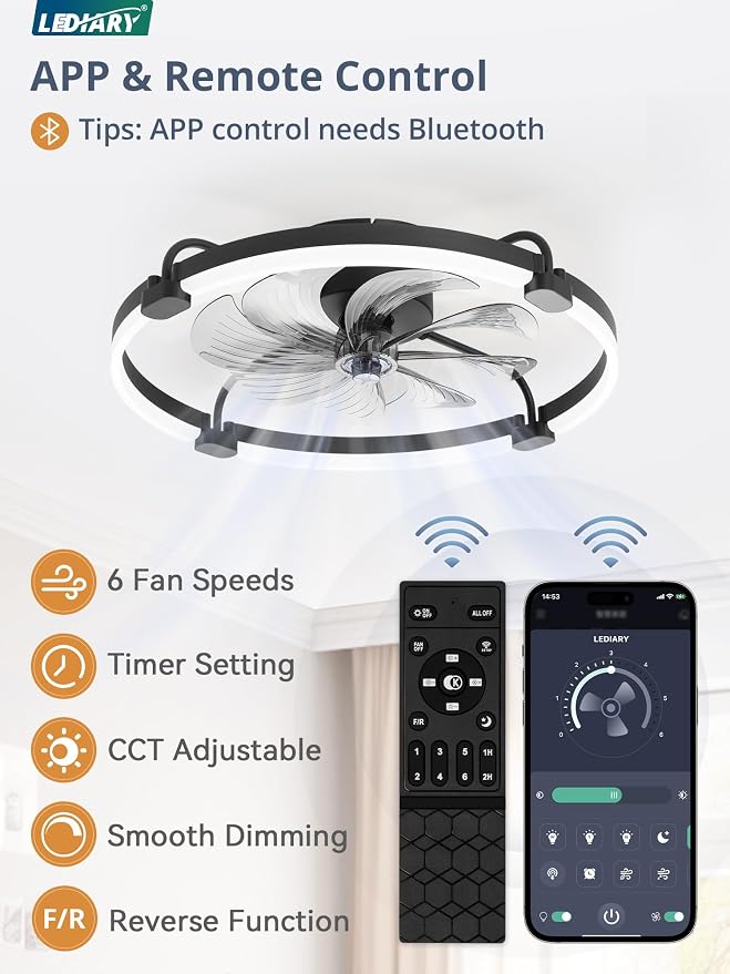 Ceiling Fans with Lights and Remote, 24'' Low Profile Ceiling Fan with Light, 3000-6000K Dimmable Fandelier LED, alternate
