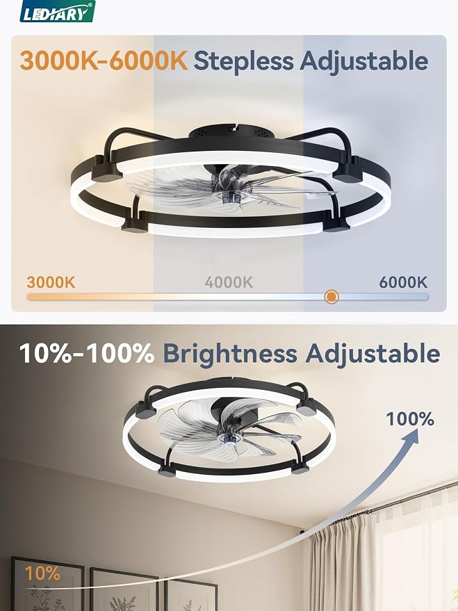 Ceiling Fans with Lights and Remote, 24'' Low Profile Ceiling Fan with Light, 3000-6000K Dimmable Fandelier LED, alternate