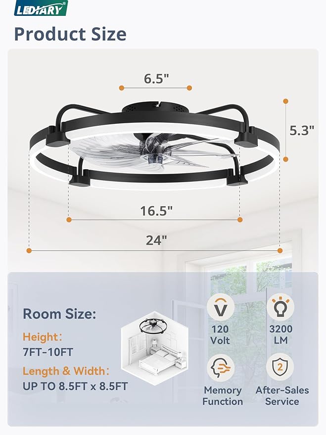 Ceiling Fans with Lights and Remote, 24'' Low Profile Ceiling Fan with Light, 3000-6000K Dimmable Fandelier LED, alternate