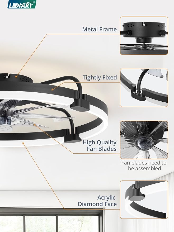 Ceiling Fans with Lights and Remote, 24'' Low Profile Ceiling Fan with Light, 3000-6000K Dimmable Fandelier LED, alternate