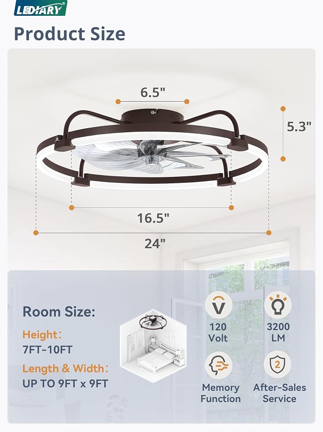 Ceiling Fans with Lights and Remote, 24'' Low Profile Ceiling Fan with Light, 3000-6000K Dimmable Fandelier LED, alternate