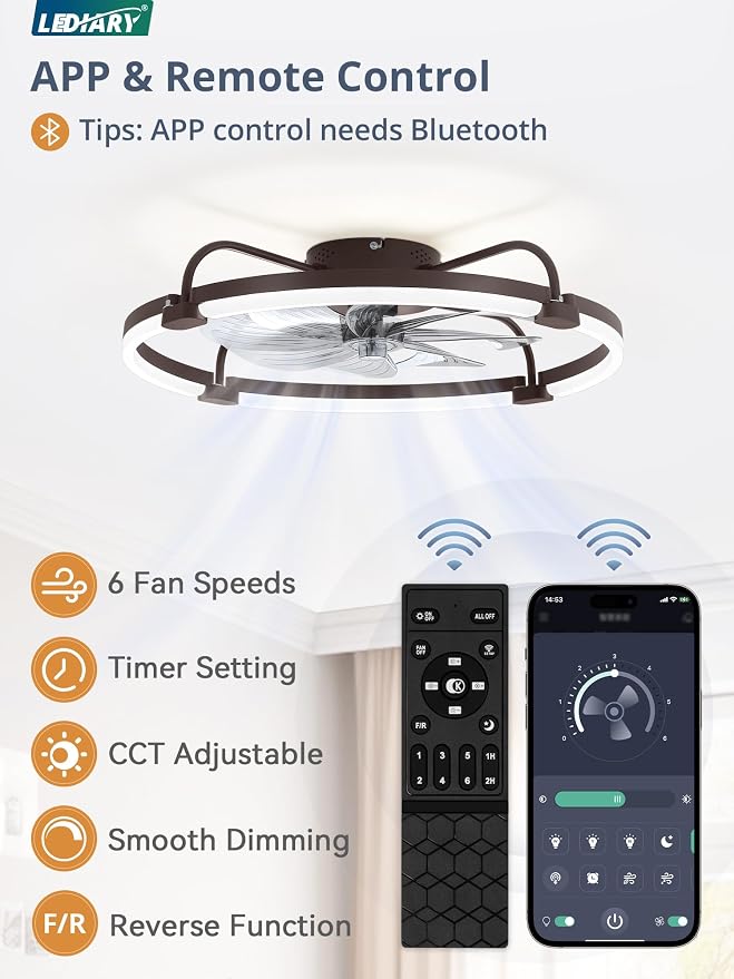 Ceiling Fans with Lights and Remote, 24'' Low Profile Ceiling Fan with Light, 3000-6000K Dimmable Fandelier LED, alternate