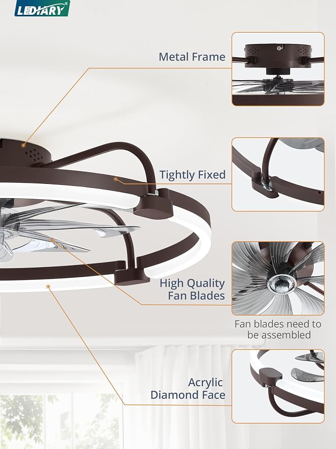 Ceiling Fans with Lights and Remote, 24'' Low Profile Ceiling Fan with Light, 3000-6000K Dimmable Fandelier LED, alternate