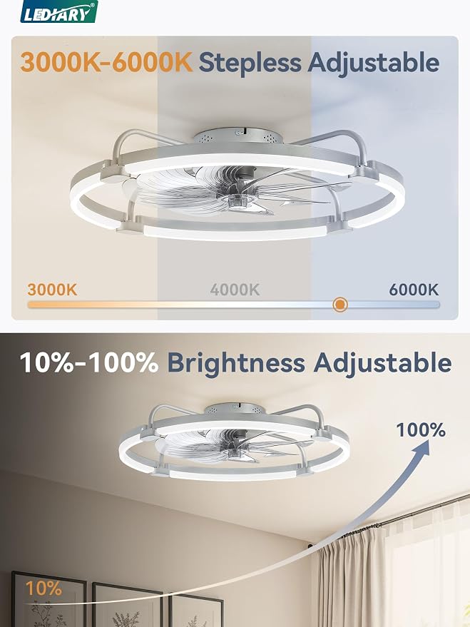 Ceiling Fans with Lights and Remote, 24'' Low Profile Ceiling Fan with Light, 3000-6000K Dimmable Fandelier LED, alternate