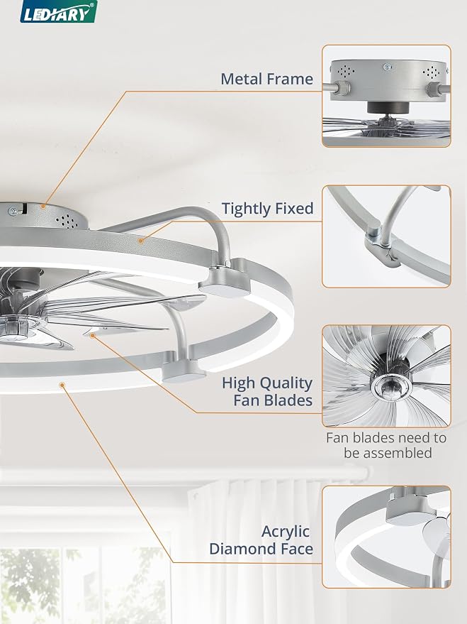 Ceiling Fans with Lights and Remote, 24'' Low Profile Ceiling Fan with Light, 3000-6000K Dimmable Fandelier LED, alternate
