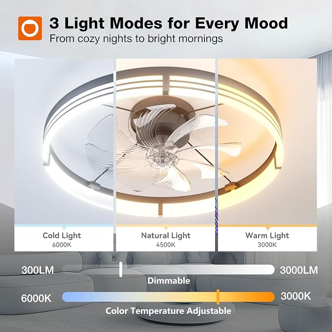 Ceiling Fans with Lights and Remote, 24'' Low Profile Ceiling Fans, 3000-6000K Dimmable Modern Flush Mount LED, alternate