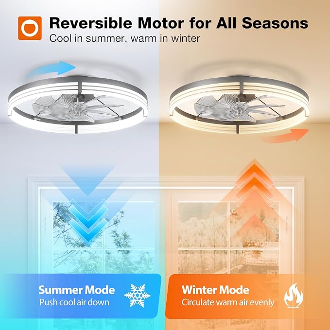 Ceiling Fans with Lights and Remote, 24'' Low Profile Ceiling Fans, 3000-6000K Dimmable Modern Flush Mount LED, alternate