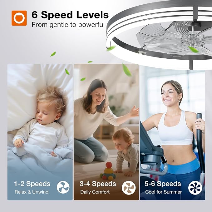 Ceiling Fans with Lights and Remote, 24'' Low Profile Ceiling Fans, 3000-6000K Dimmable Modern Flush Mount LED, alternate