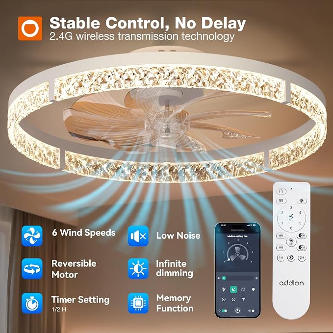 Ceiling Fans with Lights and Remote, 24'' Low Profile Flush Mount Ceiling Fan, 3000–6000K Dimmable LED Fandelier, Bladeless