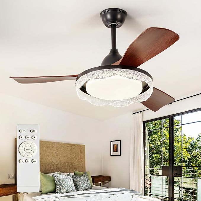 Ceiling Fans with Lights and Remote: 42-Inch Ceiling Fan 3 Blades Round Crystal Low Profile Outdoor - Walnut
