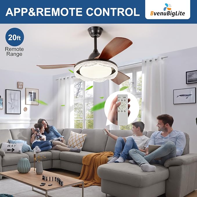Ceiling Fans with Lights and Remote: 42-Inch Ceiling Fan 3 Blades Round Crystal Low Profile Outdoor - Walnut, alternate view