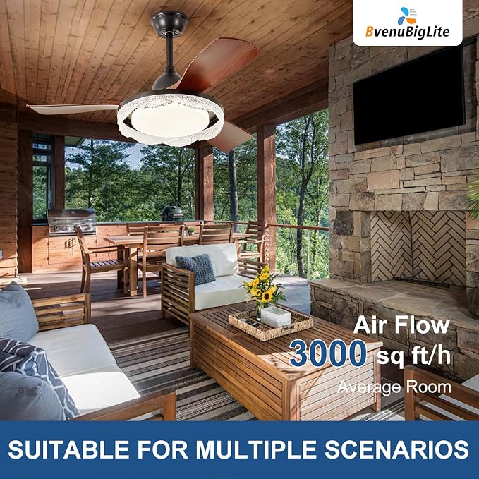 Ceiling Fans with Lights and Remote: 42-Inch Ceiling Fan 3 Blades Round Crystal Low Profile Outdoor - Walnut, alternate view